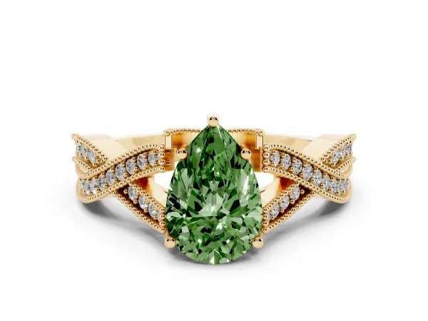 Fancy Green Pear Cut Cut Diamond Twisted Band with Milgrain Pave Setting and Four-Prong Setting Yellow gold
