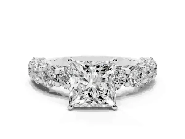 Princess Cut Diamond Side Stone Engagement Ring with Four-Prong Setting Platinum