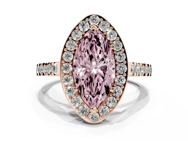 Fancy Pink Marquise Cut Diamond Halo Ring with Round Pavé Split Shank and Prong Setting Rose gold