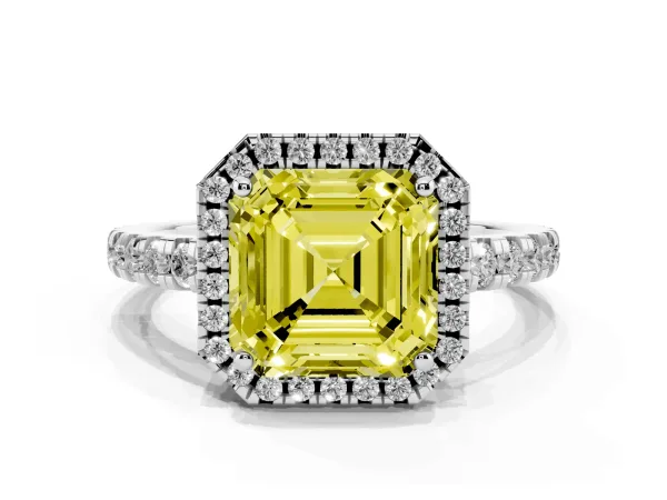 Fancy Yellow Asscher Cut Diamond Halo Ring with Pavé Band and Four-Prong Setting White gold