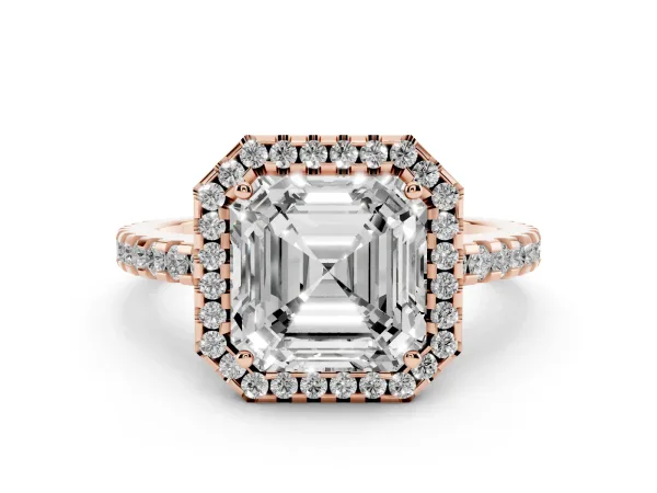 Asscher Cut Diamond Halo Engagement Ring with Pavé Band and Prong Setting Rose gold