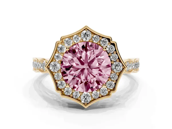 Fancy Pink Round Cut Halo Diamond Engagement Ring with Milgrain Band and Four-Prong Setting Yellow gold