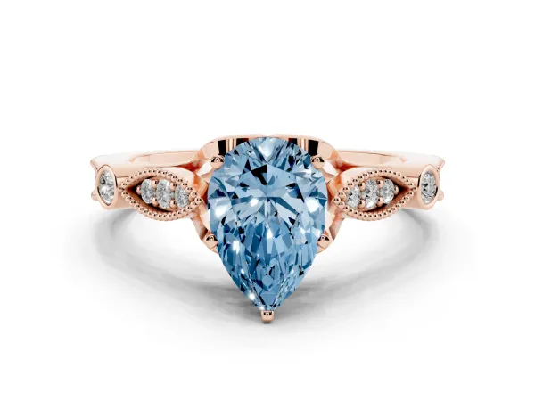 Fancy Blue Pear Cut Cut Diamond with Milgrain Marquise and Bezel Accents on a Solitaire Band with Prong Setting Rose gold