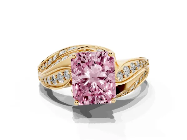Fancy Pink Radiant Cut Diamond Solitaire Ring with Prong Setting and Twisted Pavé Band Yellow gold