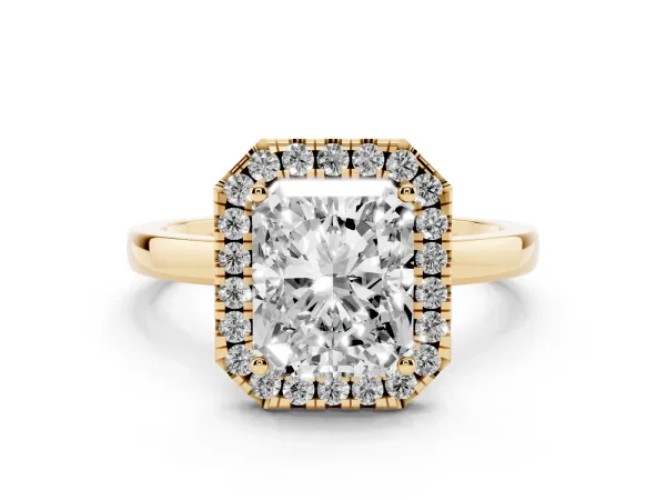 Radiant Cut Halo Diamond Solitaire with Pavé Band and Four-Prong Setting Yellow gold