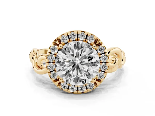 Round Cut Cut Halo Diamond Ring with Scrollwork Band and Four-Prong Setting Yellow gold