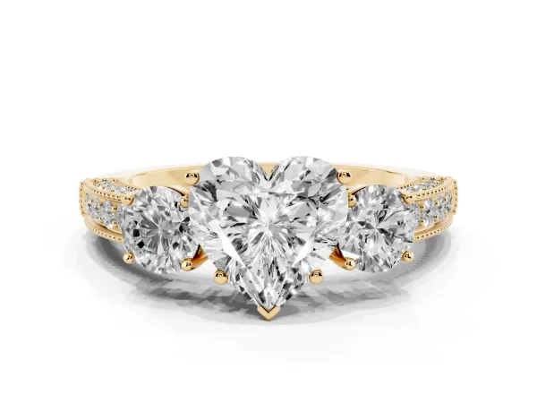 Heart Cut Three-Stone Diamond Ring with Pavé Band and Four-Prong Setting Yellow gold