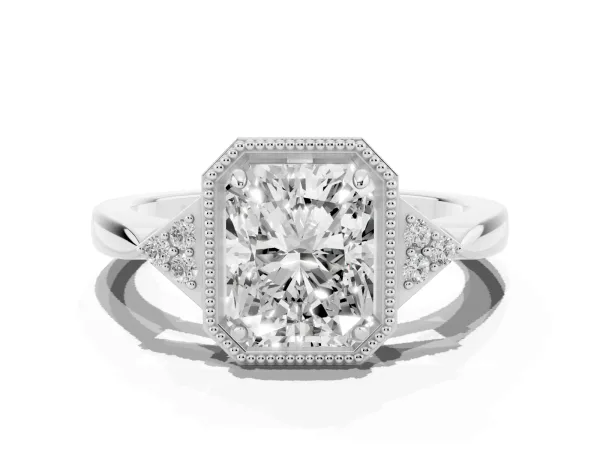 Hexagonal Halo Radiant Cut Diamond Solitaire with Pavé Band and Four-Prong Setting Platinum