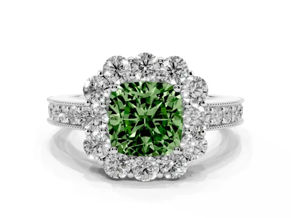 Fancy Green Cushion Cut Cut Halo Diamond Pavé Engagement Ring with Milgrain Detailing White gold