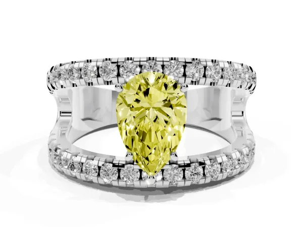 Fancy Yellow Pear Cut Solitaire Split Shank Pave Diamond Ring White gold