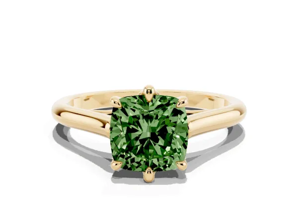 Fancy Green Cushion Cut Solitaire Engagement Ring with Six-Prong Setting and Classic Band Yellow gold