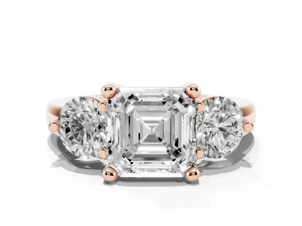 Three-Stone Asscher Cut Brilliant Cut Solitaire Ring with Prong Setting on a Classic Band Rose gold