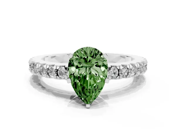 Fancy Green Pear Cut Solitaire Diamond with Pavé Band and Four-Prong Setting Platinum