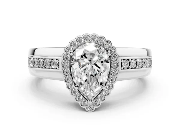 Pear Cut Cut Halo Pave Band Four-Prong Ring Platinum
