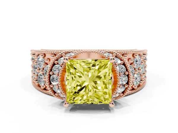 Fancy Yellow Princess Cut Halo Pave Diamond Engagement Ring with Milgrain Detailing Rose gold