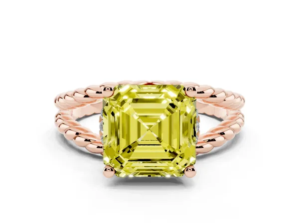 Fancy Yellow Asscher Cut Halo Twisted Band Four-Prong Ring Rose gold