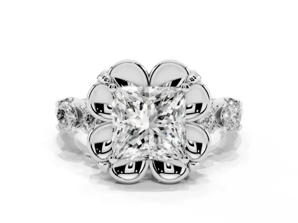 Princess Cut Cut Diamond Floral Halo Engagement Ring with Shared Prong Setting White gold