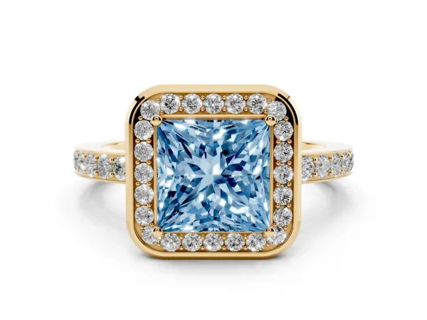 Fancy Blue Princess Cut Diamond Halo Ring with Bezel Frame and Pavé Band Yellow gold
