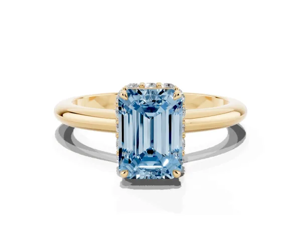 Fancy Blue Emerald Cut Brilliant Solitaire Engagement Ring with Six-Prong Setting and Classic Band Yellow gold