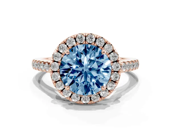 Fancy Blue Round Cut Halo Pavé Diamond Engagement Ring with Four-Prong Setting Rose gold
