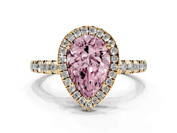 Fancy Pink Pear Cut Diamond Halo Ring with Pavé Band and Four-Prong Setting Yellow gold