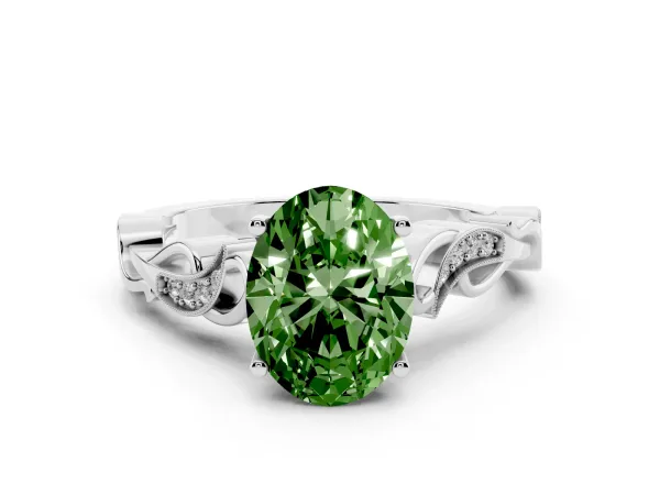 Fancy Green Oval Cut Solitaire Vine Band with Milgrain Prong Setting White gold