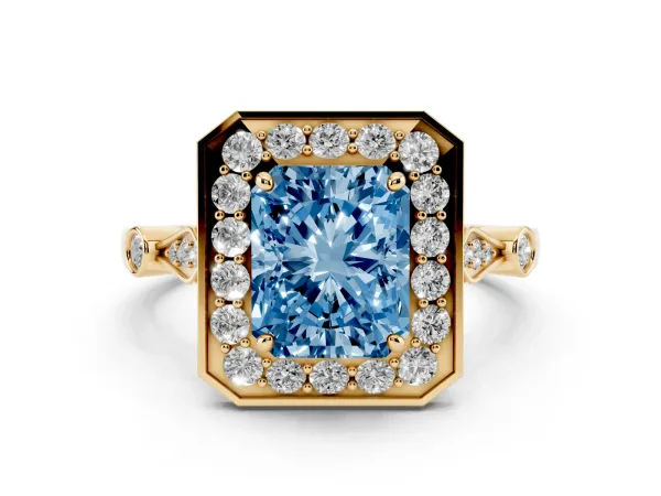 Fancy Blue Radiant Cut Halo Diamond Engagement Ring with Twisted Band and Four-Prong Setting Yellow gold