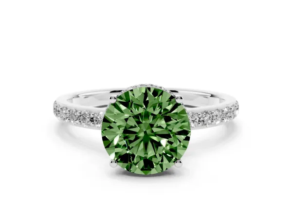 Fancy Green Round Cut Diamond Solitaire Ring with Pavé Band and Hidden Halo White gold