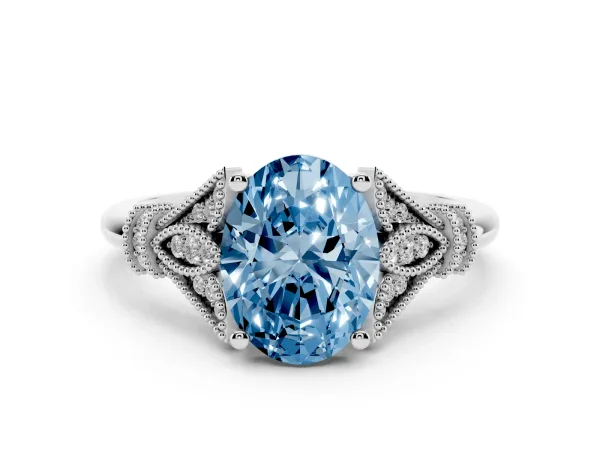 Fancy Blue Oval Cut Diamond Solitaire Ring with Floral Filigree and Pave Accents White gold