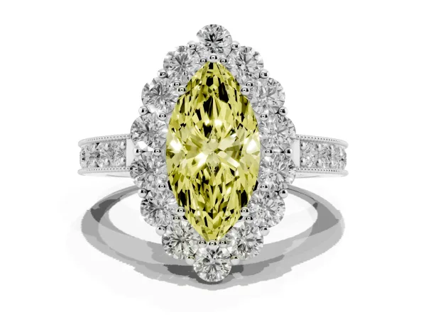 Fancy Yellow Marquise Cut Cut Halo Diamond Pavé Engagement Ring with Milgrain Detailing Platinum