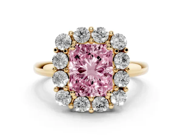 Fancy Pink Radiant Cut Halo Cluster Diamond Engagement Ring with Prong Setting and Polished Band Yellow gold