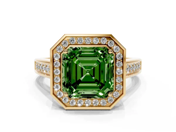 Fancy Green Asscher Cut Halo Solitaire Diamond Ring with Pave Band and Bezel Setting Yellow gold
