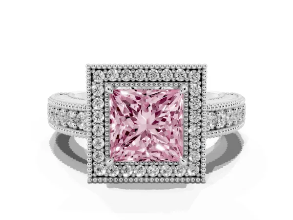Fancy Pink Princess Cut Cut Halo Diamond Ring with Pavé Band and Four-Prong Setting White gold