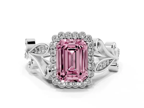 Fancy Pink Emerald Cut Diamond Halo Ring with Vintage Split Shank and Four-Prong Setting White gold