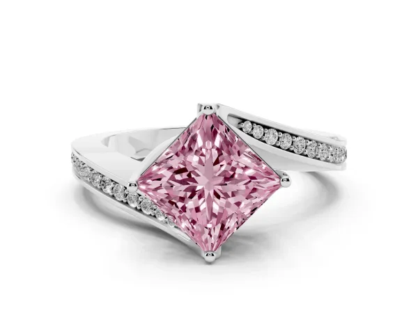 Fancy Pink Princess Cut Solitaire Diamond Twist Band with Pavé Setting and Four-Prong Setting Platinum