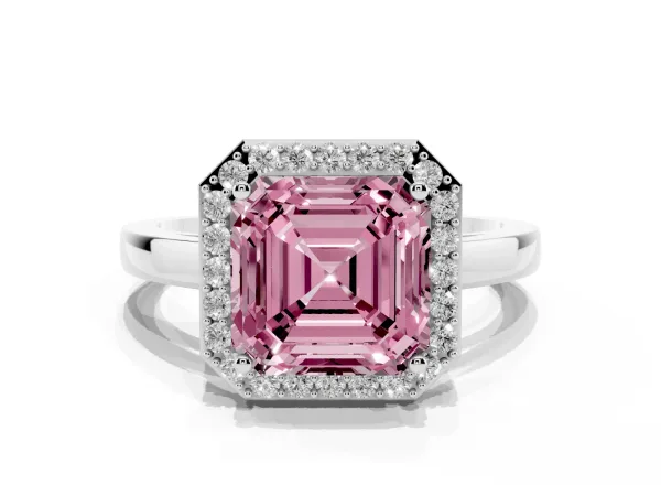 Fancy Pink Asscher Cut Halo Diamond Ring with Solitaire Band and Prong Setting White gold
