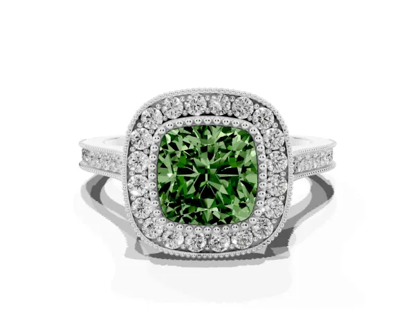 Fancy Green Cushion Cut Diamond Halo Ring with Milgrain Frame and Pavé Band Platinum