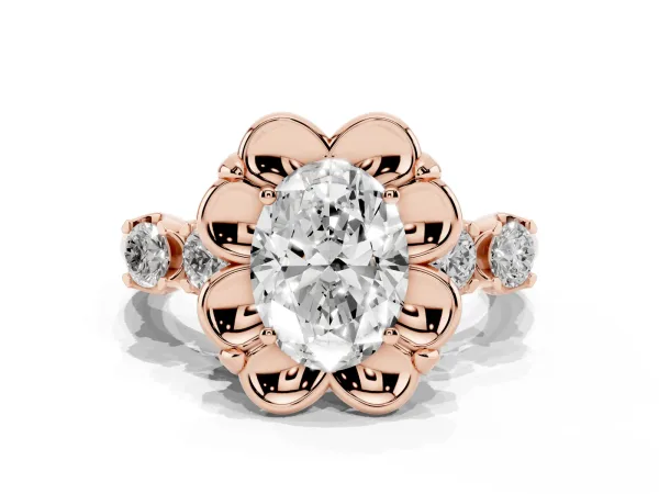 Oval Cut Cut Diamond Floral Halo Engagement Ring with Shared Prong Setting Rose gold
