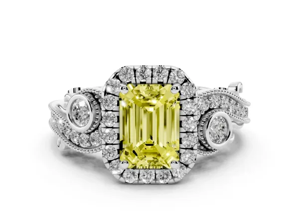 Fancy Yellow Emerald Cut Halo Diamond Ring with Milgrain and Bezel Accents on a Split Shank Band Platinum