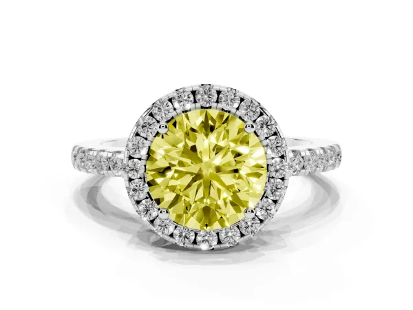 Fancy Yellow Round Cut Halo Diamond Engagement Ring with Pavé Band and Four-Prong Setting Platinum