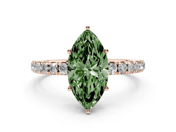 Fancy Green Marquise Cut Diamond Pavé Solitaire Engagement Ring with Four-Prong Setting Rose gold