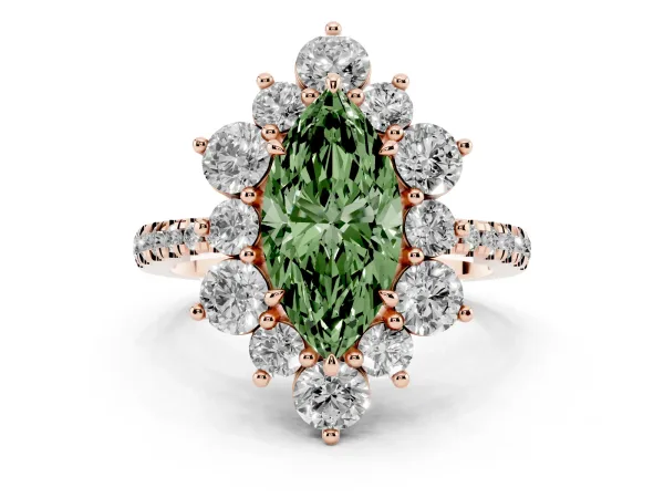 Fancy Green Marquise Cut Diamond Floral Halo Ring with Round Pavé Band and Prong Setting Rose gold