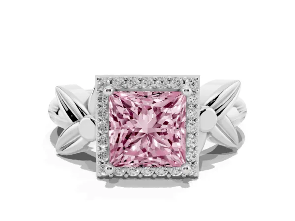 Fancy Pink Princess Cut Halo Diamond Floral Band with Four-Prong Setting Platinum