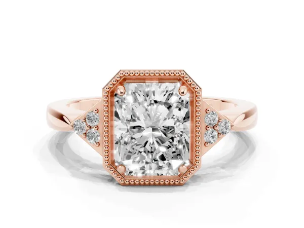 Radiant Cut Diamond Halo Ring with Tapered Band and Four-Prong Setting Rose gold