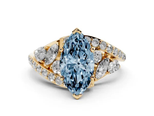 Fancy Blue Marquise Cut Diamond Halo Ring with Marquise and Pavé Band in Prong Setting Yellow gold