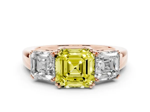 Fancy Yellow Three-Stone Asscher Cut Cut Diamond Ring with Channel Set Band and Four-Prong Setting Rose gold