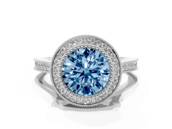 Fancy Blue Round Cut Diamond Halo Ring with Milgrain Frame and Pavé Band Platinum