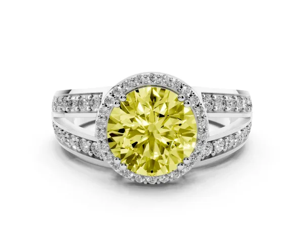 Fancy Yellow Round Cut Diamond Halo Ring with Split Shank Pavé Band and Four-Prong Setting White gold