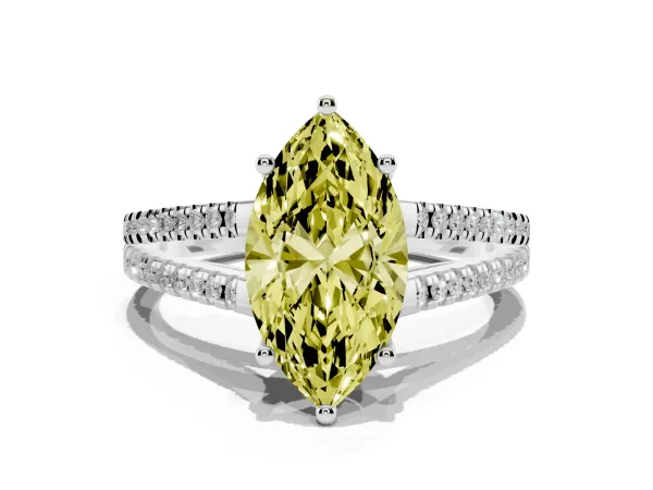 Fancy Yellow Marquise Cut Diamond Solitaire Engagement Ring with Split Shank Pavé Band Platinum