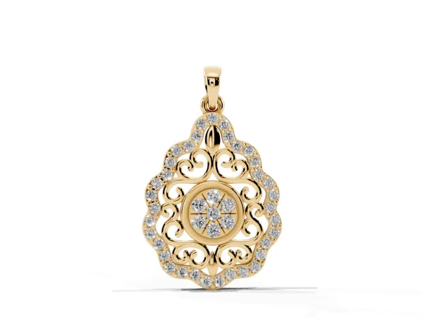 Round Diamond Halo Pendant with Filigree Design Yellow gold